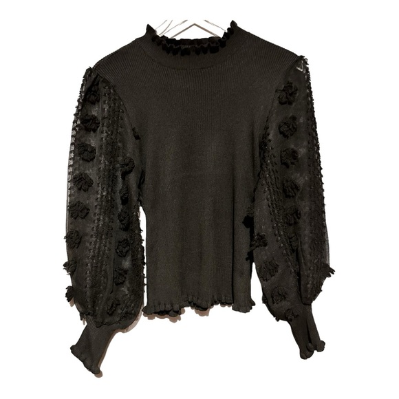 Almost Famous Floral Appliqué Long Sleeve Mock Neck Black Sweater Top Size L - Picture 2 of 13